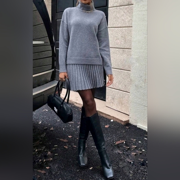New Chic Two Piece Turtleneck Knit Sweater Pleated Short Skirt Set Gray - Picture 1 of 7